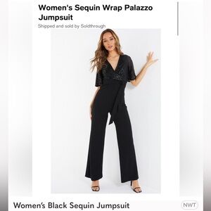 Women’s Black Sequin Wrap Palazzo Jumpsuit!